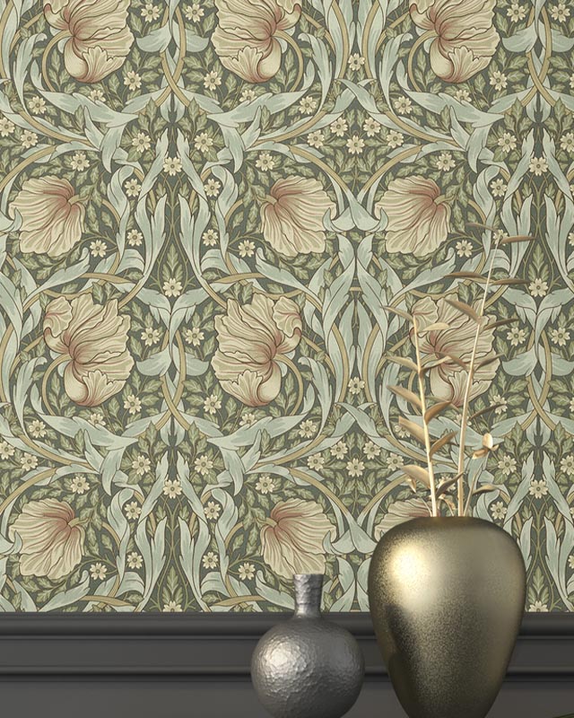 elegant-william-morris-wallpaper-patterns-featuring-large-floral-designs-with-decorative-vases-placed-on-a-dark-shelf Elegant William Morris wallpaper patterns featuring large floral designs, with decorative vases placed on a dark shelf.