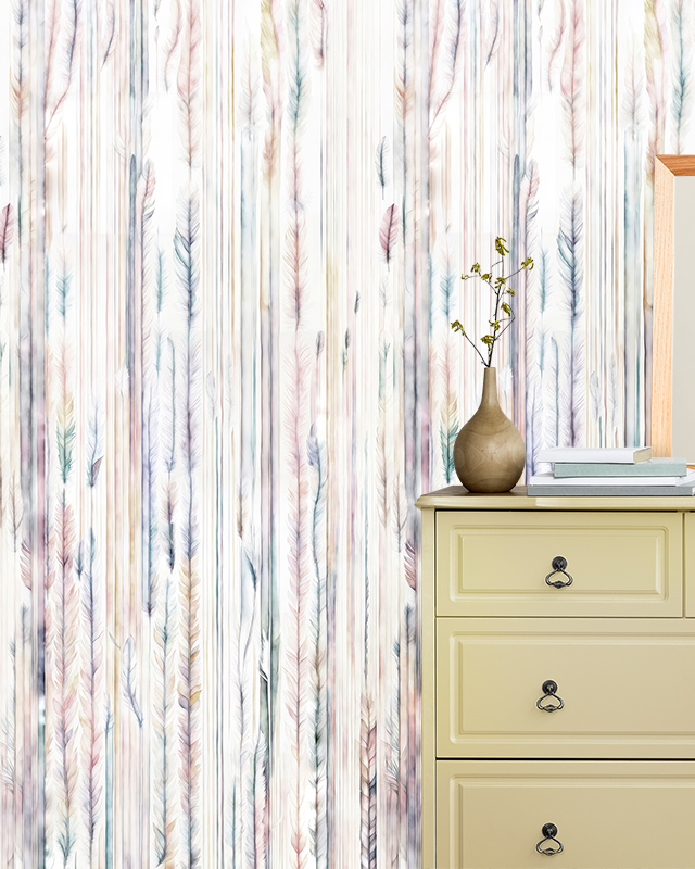feather-patterned-wallpaper-for-small-offices-with-a-light-colored-dresser-books-and-a-vase-in-front Feather-patterned wallpaper for small offices, with a light-colored dresser, books, and a vase in front.