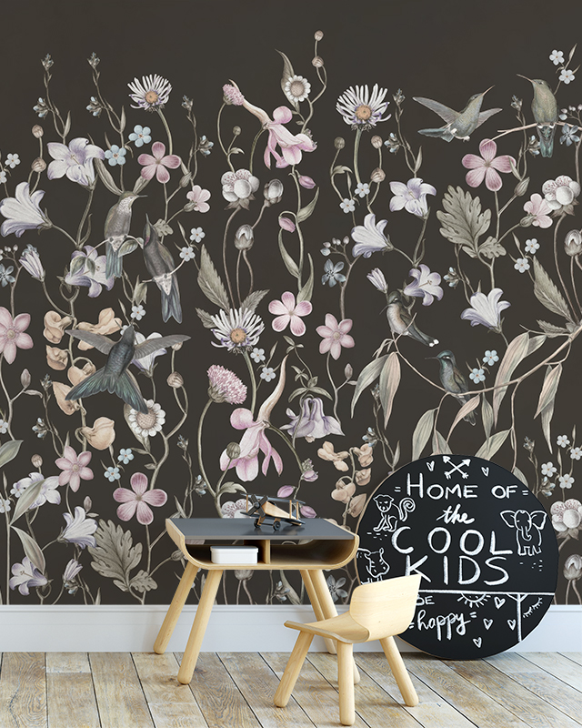 floral-and-bird-themed-wallpaper-with-a-small-study-desk-perfect-for-girls-teens-room-wallpaper-decor Floral and bird-themed wallpaper with a small study desk, perfect for girls teens room wallpaper decor.
