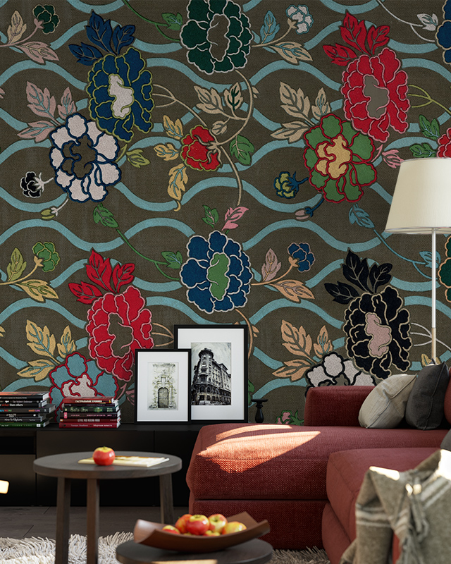 floral-patterned-japandi-monochrome-wallpaper-designs-with-colorful-blooms-complementing-modern-living-room-decor-and-soft-lighting Floral-patterned Japandi Monochrome Wallpaper Designs with colorful blooms, complementing modern living room decor and soft lighting.