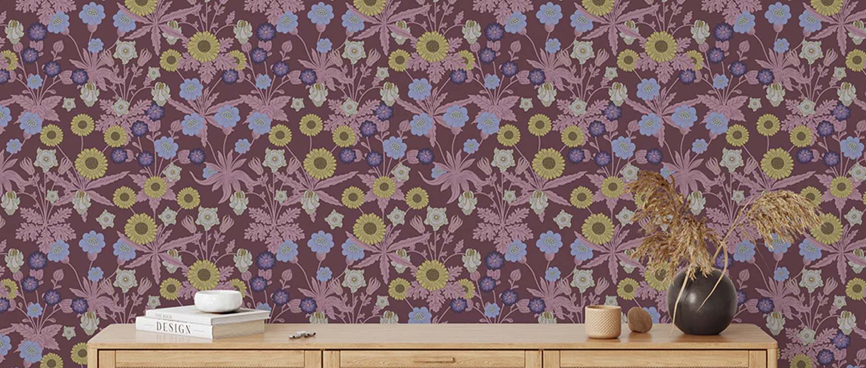 Floral-patterned wallpaper with vibrant colors on a wall, contrasting William Morris vs. Modern Wallpaper Styles theme.