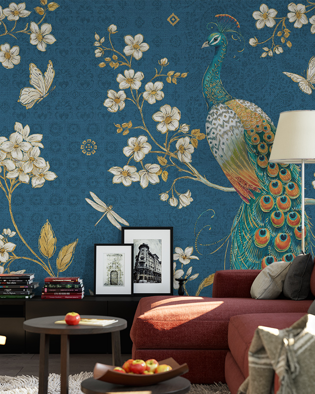 floral-peacock-themed-wallpaper-with-dragonflies-paired-with-a-red-sofa-and-framed-art-ideal-for-girls-teens-room-wallpaper Floral peacock-themed wallpaper with dragonflies, paired with a red sofa and framed art, ideal for girls teens room wallpaper.