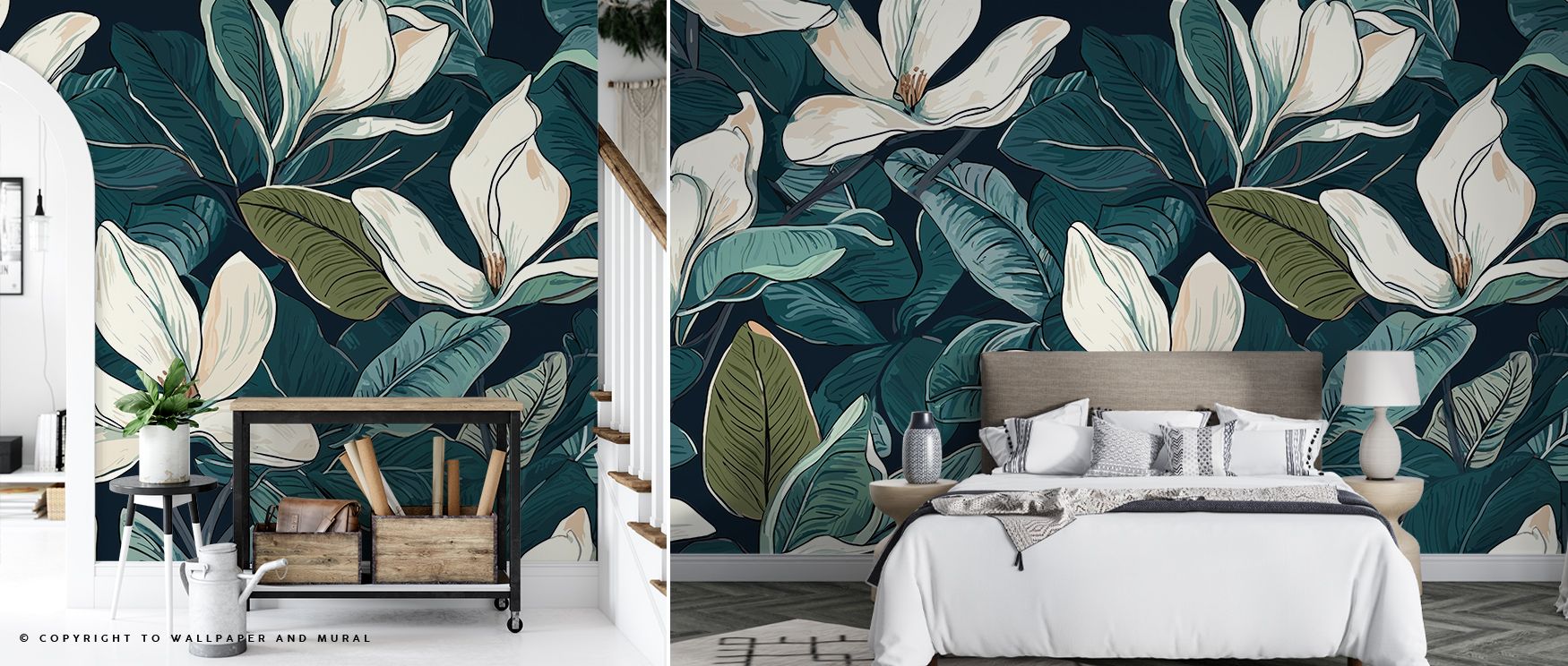 Floral-themed peel and stick wallpaper in a modern bedroom, contrasting peel and stick vs. traditional wallpaper aesthetics.