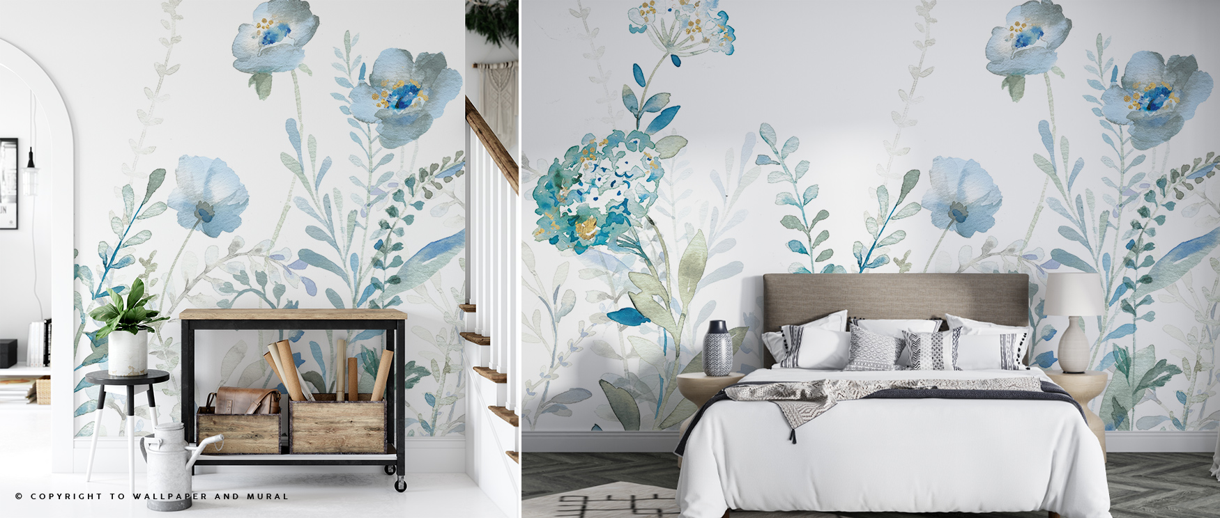 Floral-themed remove removable wallpaper with blue flowers decorates a bedroom and hallway, adding a fresh, nature-inspired ambiance.