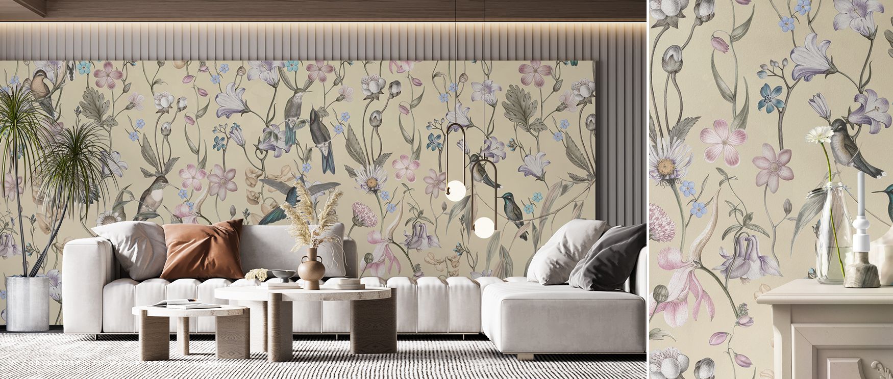 floral-wallpaper-with-birds-and-pastel-colors-in-a-modern-living-room-setup-reflecting-teens-room-wallpaper-trends Floral wallpaper with birds and pastel colors in a modern living room setup, reflecting teens room wallpaper trends.