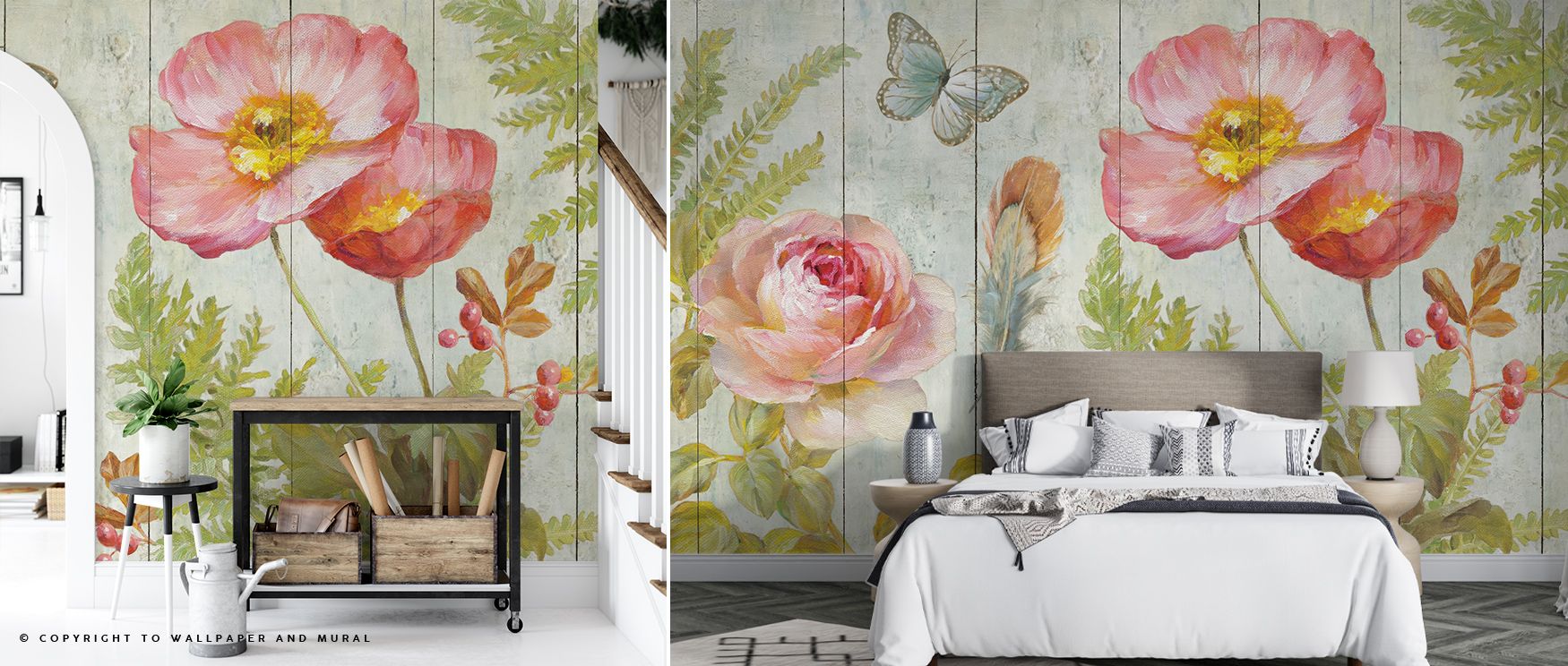 floral-wallpaper-with-large-pink-flowers-and-a-butterfly-highlighting-teens-room-wallpaper-trends-for-a-cozy-bedroom Floral wallpaper with large pink flowers and a butterfly, highlighting teens room wallpaper trends for a cozy bedroom.