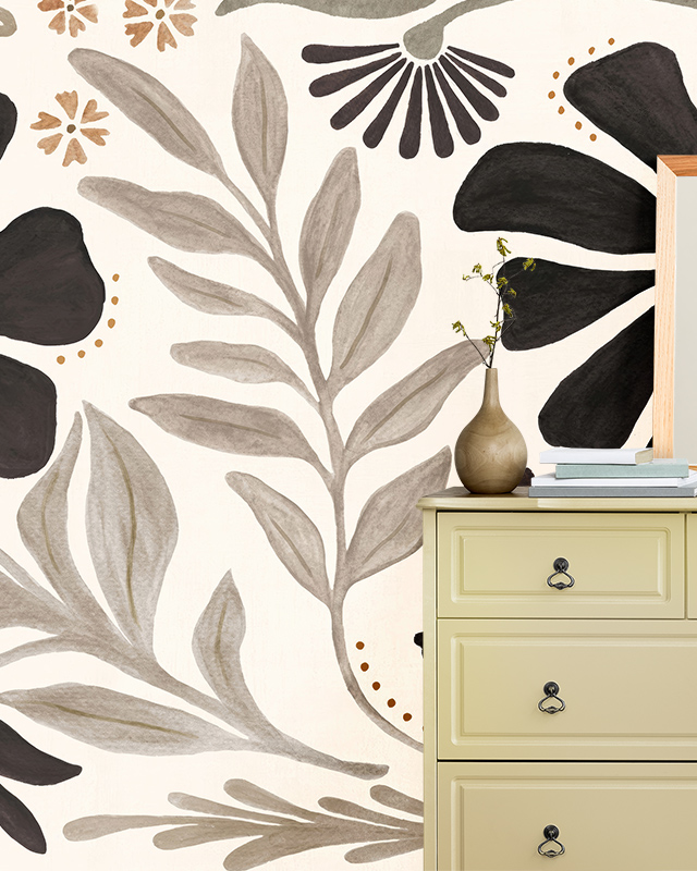 floral-wallpaper-with-neutral-tones-and-modern-dresser-highlighting-william-morris-vs-modern-wallpaper-styles-comparison Floral wallpaper with neutral tones and modern dresser, highlighting William Morris vs. Modern Wallpaper Styles comparison.