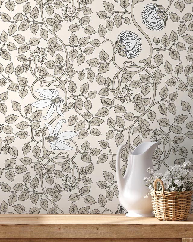 floral-william-morris-wallpaper-with-modern-art-features-paired-with-a-wicker-basket-and-sleek-white-vase-on-a-wooden-table Floral William Morris wallpaper with modern art features, paired with a wicker basket and sleek white vase on a wooden table.