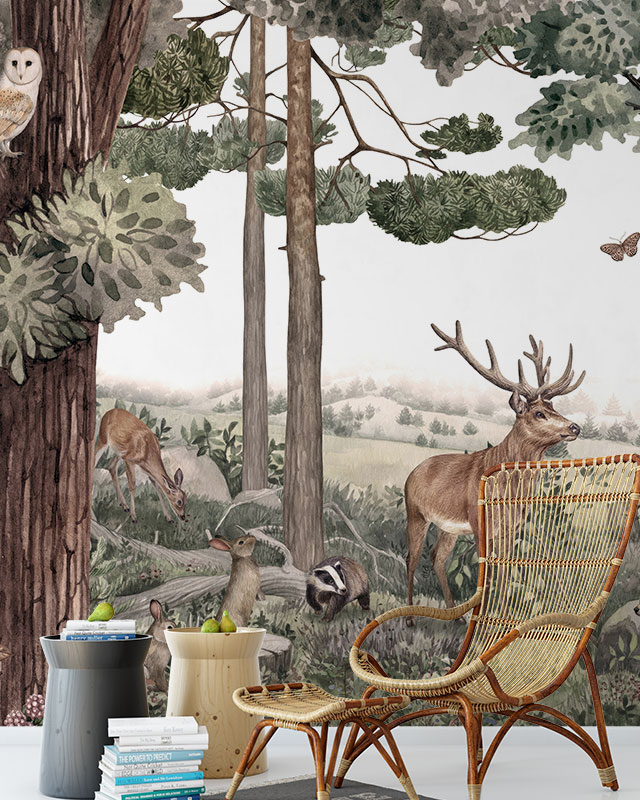 forest-themed-peel-and-stick-wallpaper-trends-featuring-deer-owl-and-woodland-animals-behind-wicker-chair-and-side-tables Forest-themed Peel and Stick Wallpaper trends featuring deer, owl, and woodland animals behind wicker chair and side tables.