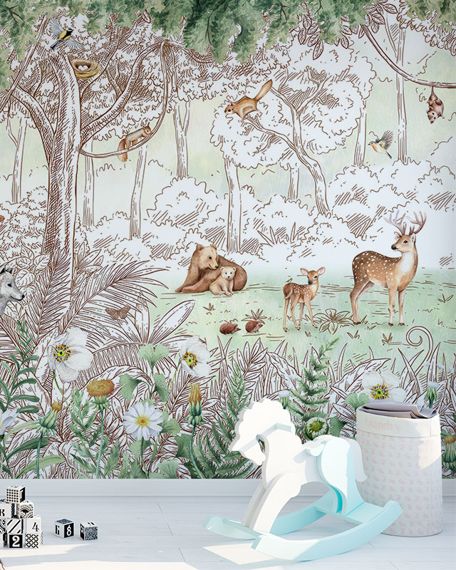 forest-themed-peel-and-stick-wallpaper-trends-with-deer-bears-and-woodland-creatures-set-behind-a-white-rocking-horse-and-toys Forest-themed Peel and Stick Wallpaper trends with deer, bears, and woodland creatures, set behind a white rocking horse and toys.