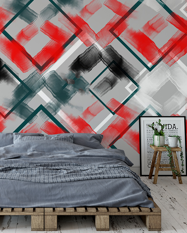 geometric-peel-and-stick-wallpaper-trends-in-bold-red-green-and-black-behind-a-rustic-bed-with-modern-decor-elements Geometric Peel and Stick Wallpaper trends in bold red, green, and black behind a rustic bed with modern decor elements.