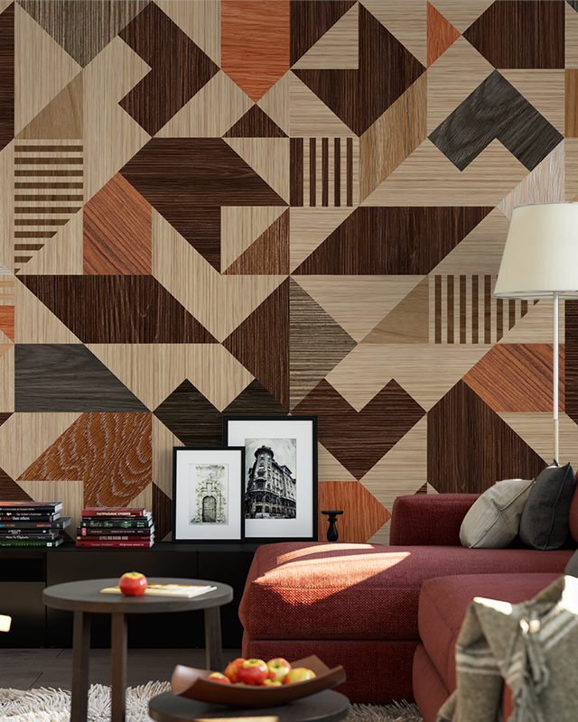 geometric-wood-textured-wallpaper-in-shades-of-brown-and-beige-behind-a-red-sofa-perfect-peel-and-stick-office-wallpaper Geometric wood-textured wallpaper in shades of brown and beige behind a red sofa. Perfect peel-and-stick office wallpaper.