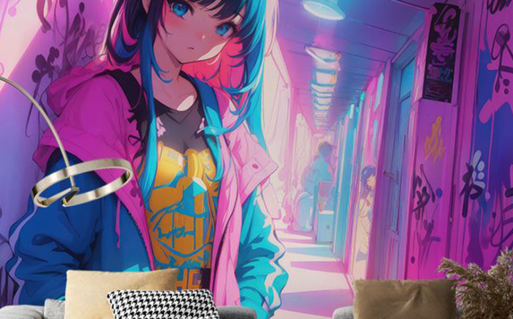 Girls teens room wallpaper featuring a vibrant anime-style girl in a colorful, neon-lit urban hallway with graffiti.