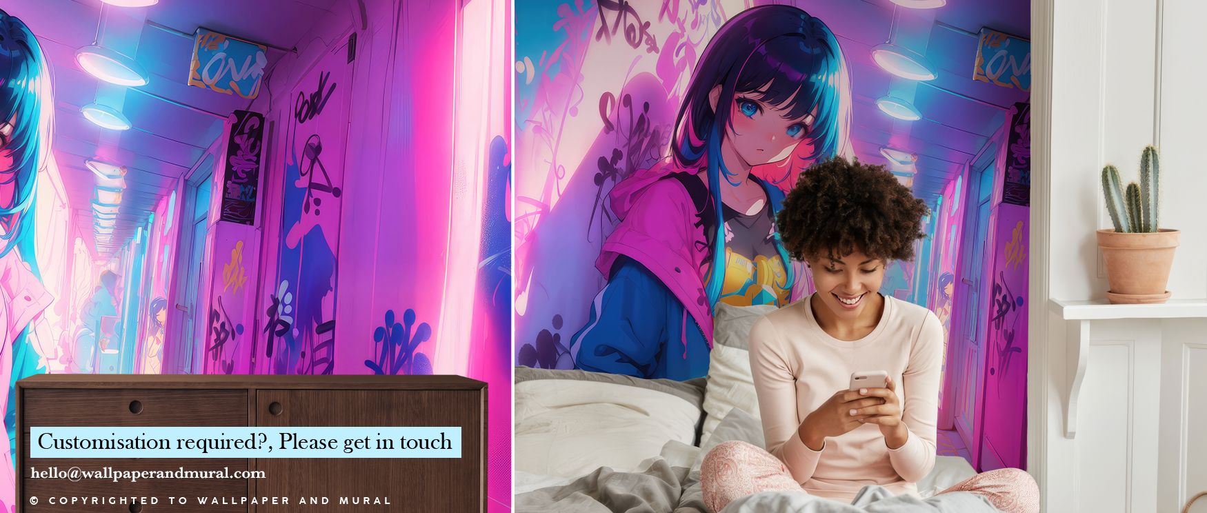 Girls teens room wallpaper featuring an anime-style girl in a neon-lit, graffiti-filled urban hallway, creating a vibrant atmosphere.