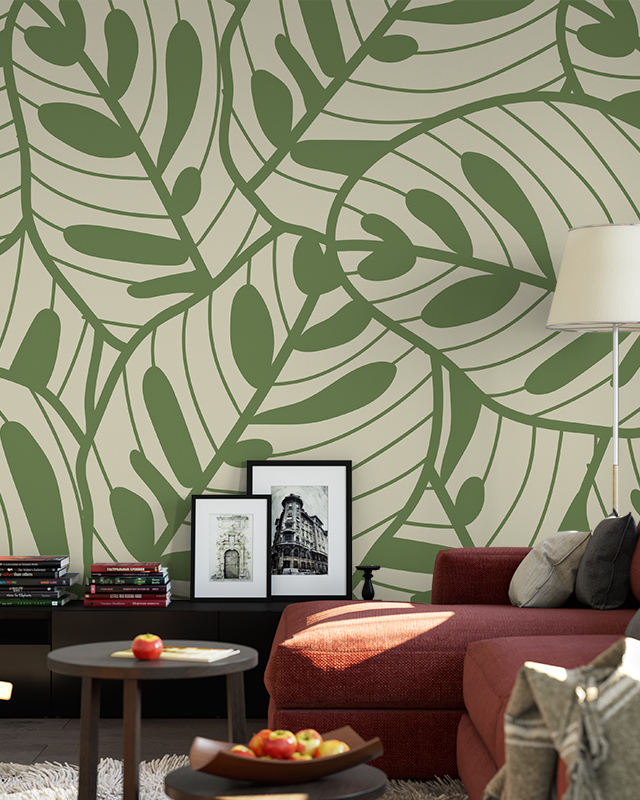 green-leaf-patterned-peel-and-stick-wallpaper-trends-behind-a-red-sofa-modern-coffee-table-and-framed-artwork-decor Green leaf-patterned Peel and Stick Wallpaper trends behind a red sofa, modern coffee table, and framed artwork decor.