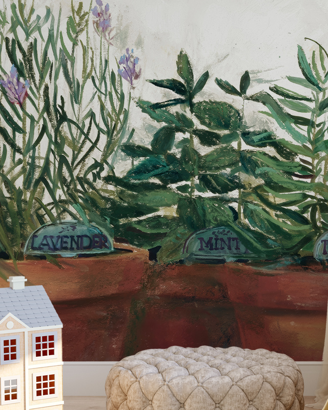 herb-themed-wallpaper-featuring-lavender-and-mint-plants-in-a-cozy-room-showcasing-william-morris-vs-modern-wallpaper-styles-contrast Herb-themed wallpaper featuring lavender and mint plants in a cozy room, showcasing William Morris vs. Modern Wallpaper Styles contrast.