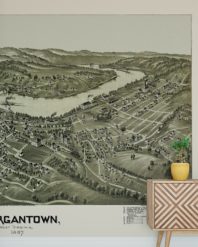 how-to-choose-vintage-wallpaper-depicting-a-historic-map-of-morgantown-with-a-wooden-cabinet-and-plant-in-front How to choose vintage wallpaper depicting a historic map of Morgantown with a wooden cabinet and plant in front.