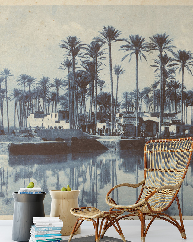 how-to-choose-vintage-wallpaper-featuring-palm-trees-by-a-river-with-a-rattan-chair-and-side-tables How to choose vintage wallpaper featuring palm trees by a river, with a rattan chair and side tables.