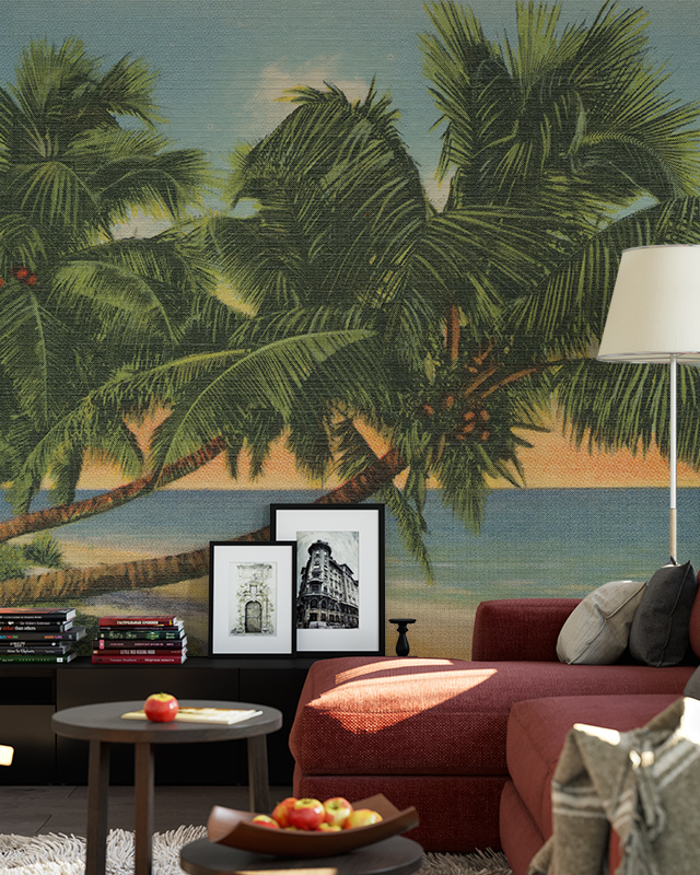 how-to-choose-vintage-wallpaper-featuring-tropical-palm-trees-by-the-ocean-with-a-red-sofa-and-framed-pictures How to choose vintage wallpaper featuring tropical palm trees by the ocean, with a red sofa and framed pictures.