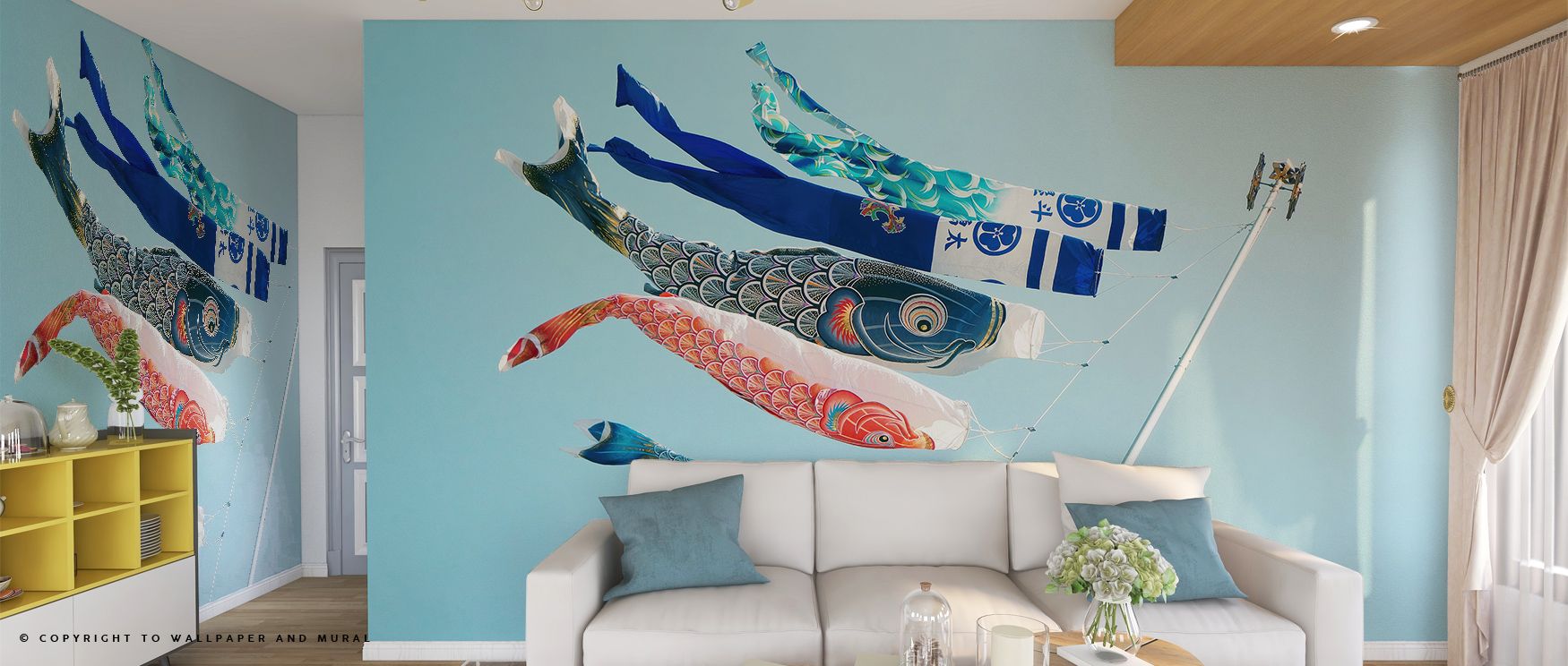 Japandi Monochrome Wallpaper Designs featuring colorful fish kites above a white sofa, yellow shelving, and decor accents.