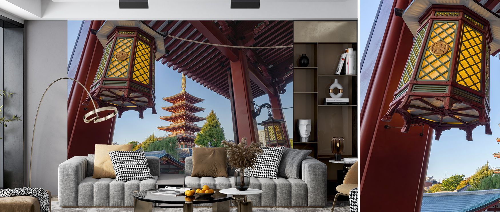 japandi-wallpaper-featuring-a-japanese-pagoda-and-lantern-with-a-modern-living-room-setup-of-grey-sofas-and-coffee-tables Japandi wallpaper featuring a Japanese pagoda and lantern, with a modern living room setup of grey sofas and coffee tables.