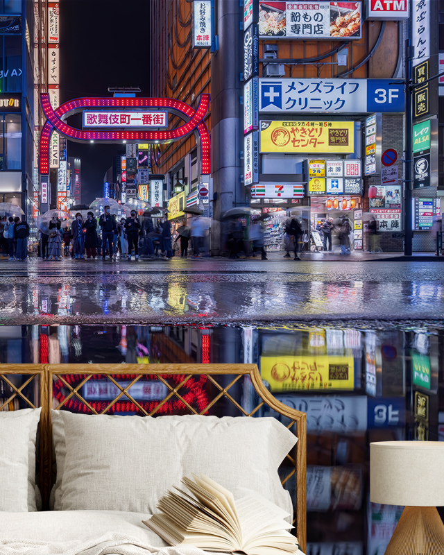 Japandi wallpaper for different spaces featuring a vibrant cityscape at night with neon signs and reflections.