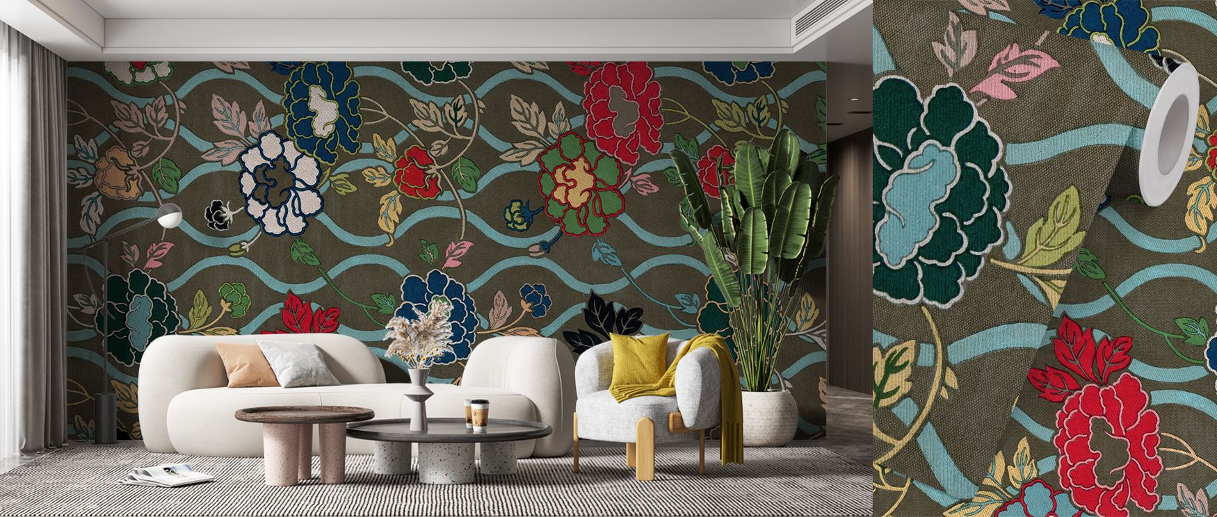 Japandi wallpaper for different spaces featuring bold floral patterns in vibrant colors, paired with modern minimalist furniture.