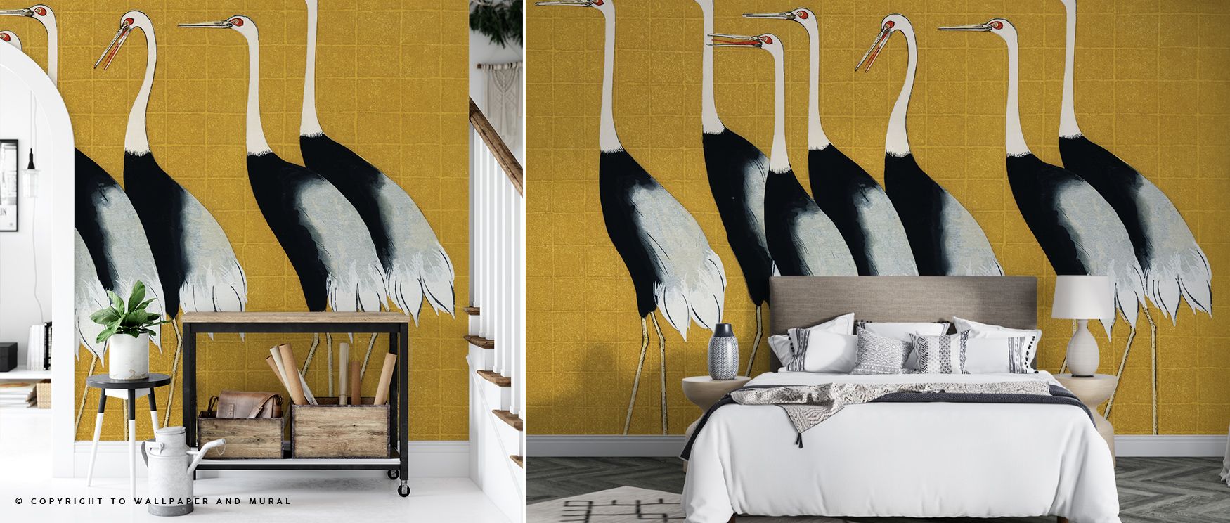 Japandi wallpaper for different spaces featuring cranes on a mustard yellow background, styled with modern furniture.