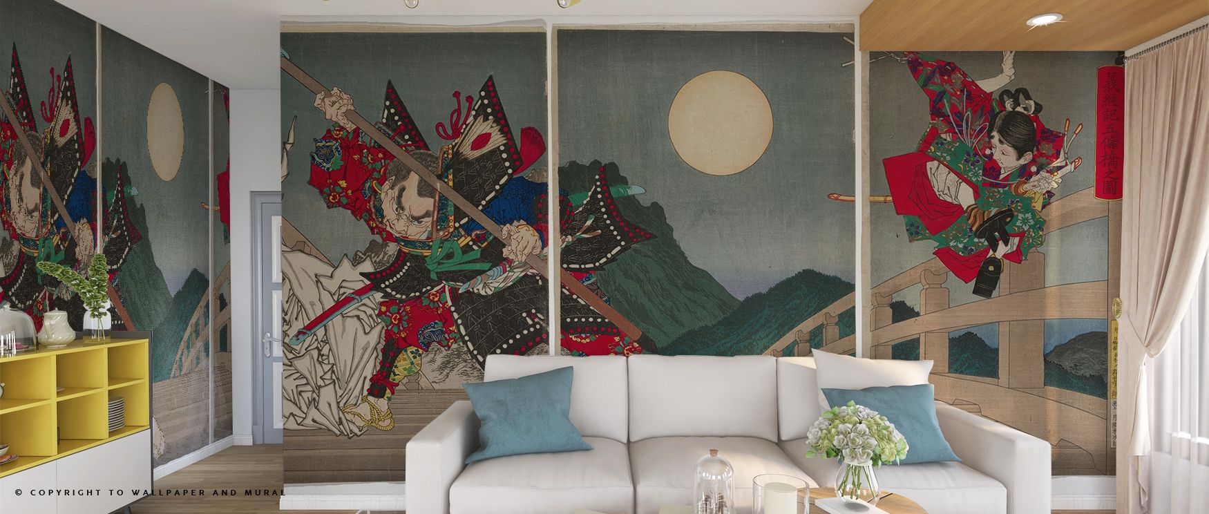 Japandi wallpaper for different spaces featuring traditional Japanese samurai artwork, styled with modern furniture and decor.