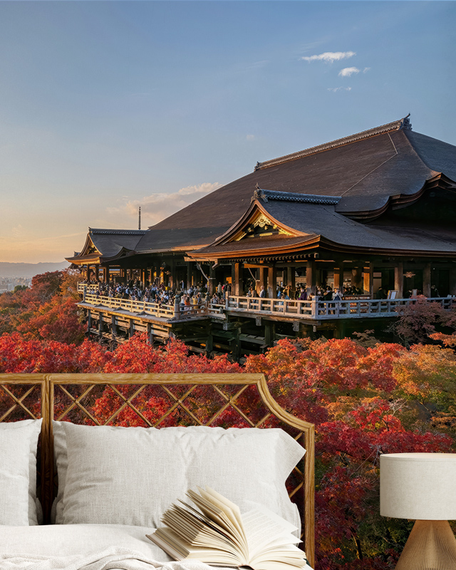 japandi-wallpaper-for-small-spaces-featuring-a-serene-temple-above-vibrant-autumn-trees-with-a-bed-and-open-book Japandi Wallpaper for Small Spaces featuring a serene temple above vibrant autumn trees, with a bed and open book.