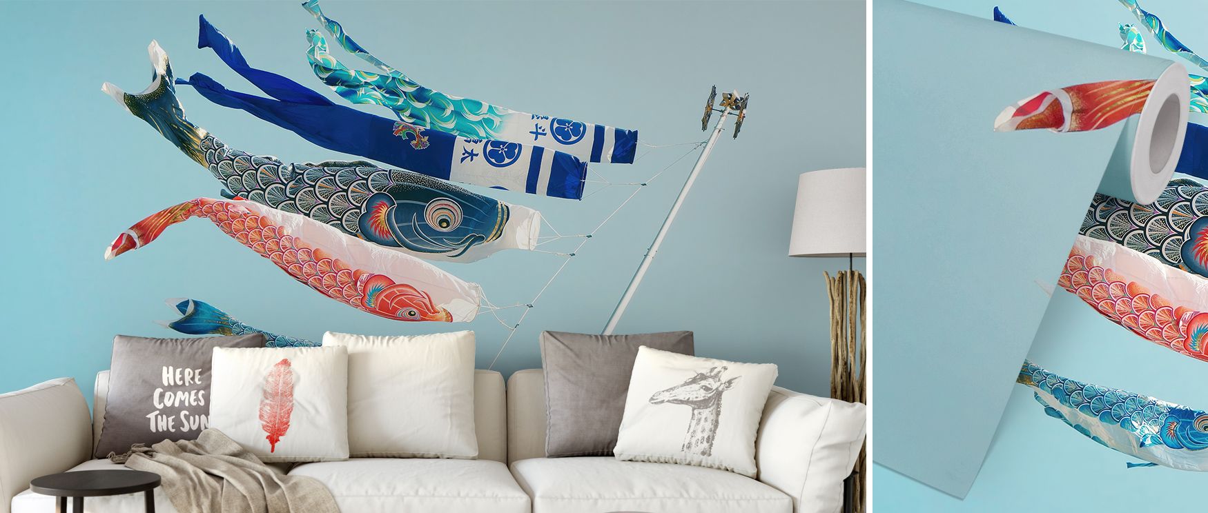 japandi-wallpaper-for-small-spaces-featuring-colorful-fish-kites-above-a-white-sofa-with-decorative-pillows Japandi Wallpaper for Small Spaces featuring colorful fish kites above a white sofa with decorative pillows.
