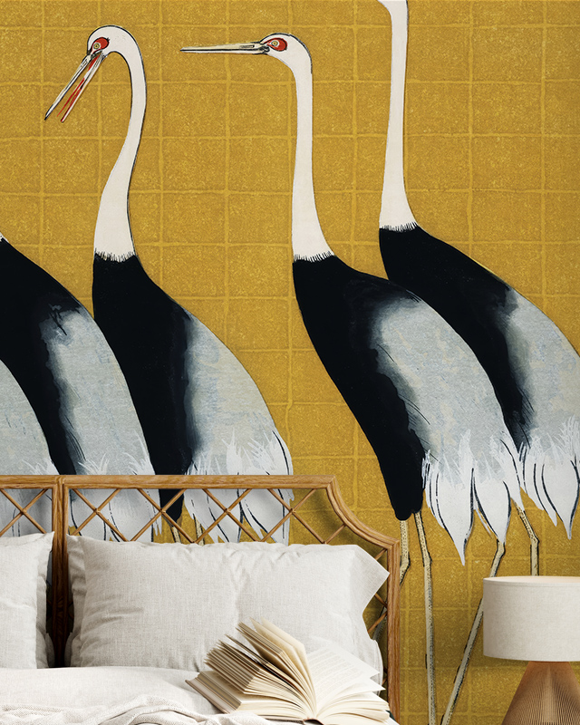 japandi-wallpaper-with-japanese-zen-influence-featuring-elegant-cranes-on-a-golden-background-creating-a-serene-atmosphere Japandi wallpaper with Japanese Zen influence, featuring elegant cranes on a golden background, creating a serene atmosphere.