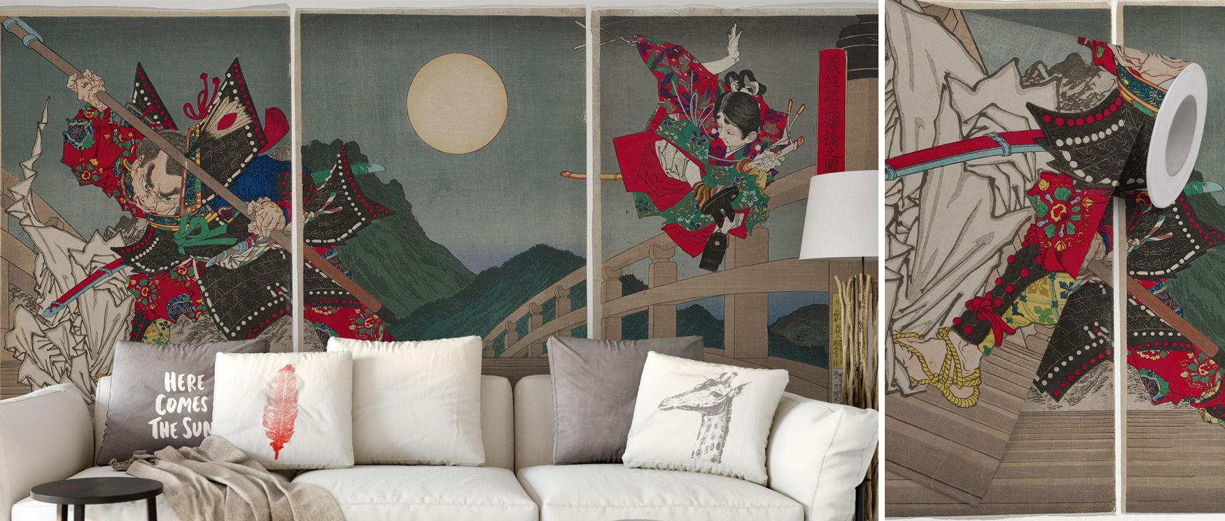 Japandi wallpaper with other styles featuring traditional Japanese samurai artwork, modern sofa, and minimalist decor.