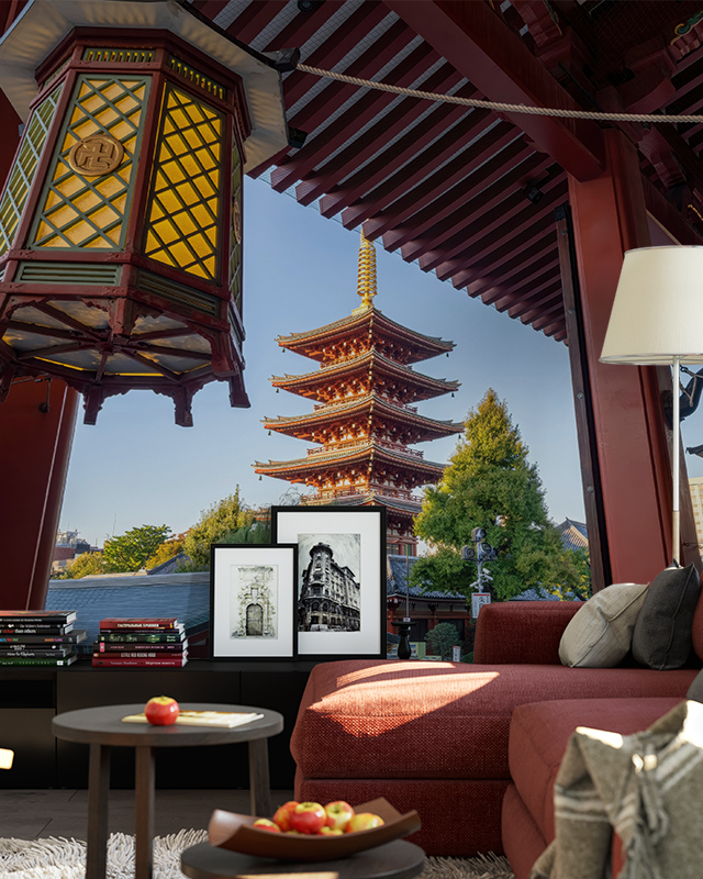 japandi-wallpaper-with-other-styles-showcasing-a-traditional-japanese-pagoda-and-lantern-in-a-cozy-modern-living-room Japandi wallpaper with other styles showcasing a traditional Japanese pagoda and lantern in a cozy, modern living room.