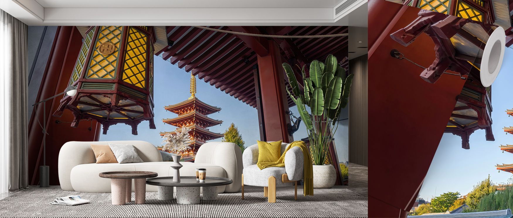 japandi-wallpaper-with-warm-tones-and-cool-tones-featuring-a-traditional-japanese-temple-lantern-and-modern-living-room Japandi wallpaper with warm tones and cool tones featuring a traditional Japanese temple, lantern, and modern living room.