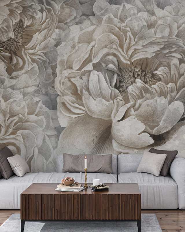 large-floral-wallpaper-in-soft-beige-and-grey-tones-featuring-peonies-behind-a-grey-sofa-ideal-peel-and-stick-office-wallpaper Large floral wallpaper in soft beige and grey tones featuring peonies behind a grey sofa. Ideal peel-and-stick office wallpaper.