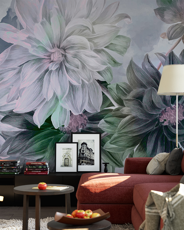 large-pastel-floral-mural-in-a-living-room-showcasing-modern-peel-and-stick-wallpaper-trends-behind-a-red-couch Large pastel floral mural in a living room showcasing modern Peel and Stick Wallpaper trends behind a red couch.