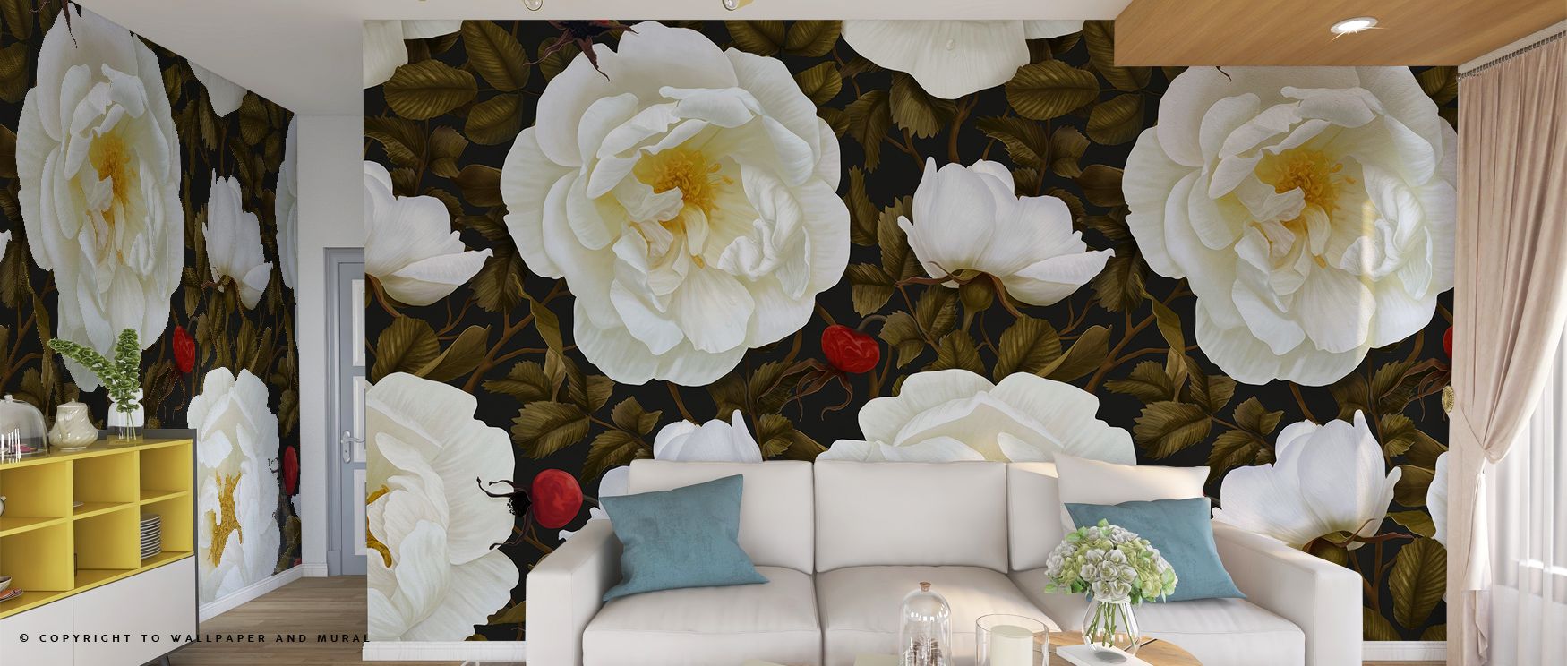 Large white and red flowers on a dark peel and stick wallpaper behind a white sofa, showcasing peel and stick wallpaper trends.