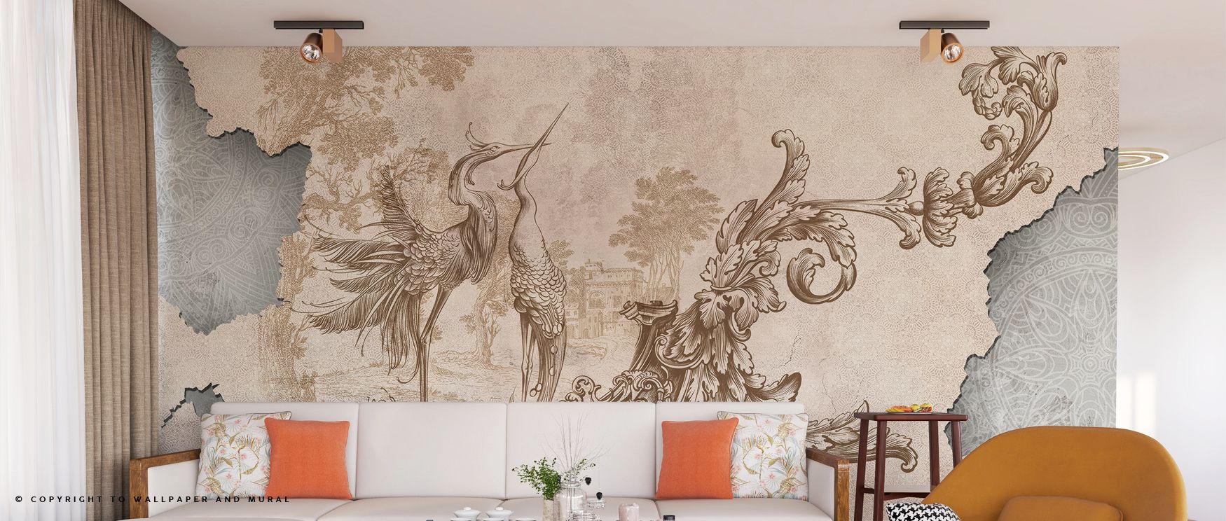 Living room featuring Vintage Wallpaper for Accent Walls with intricate crane and floral designs, paired with modern decor.