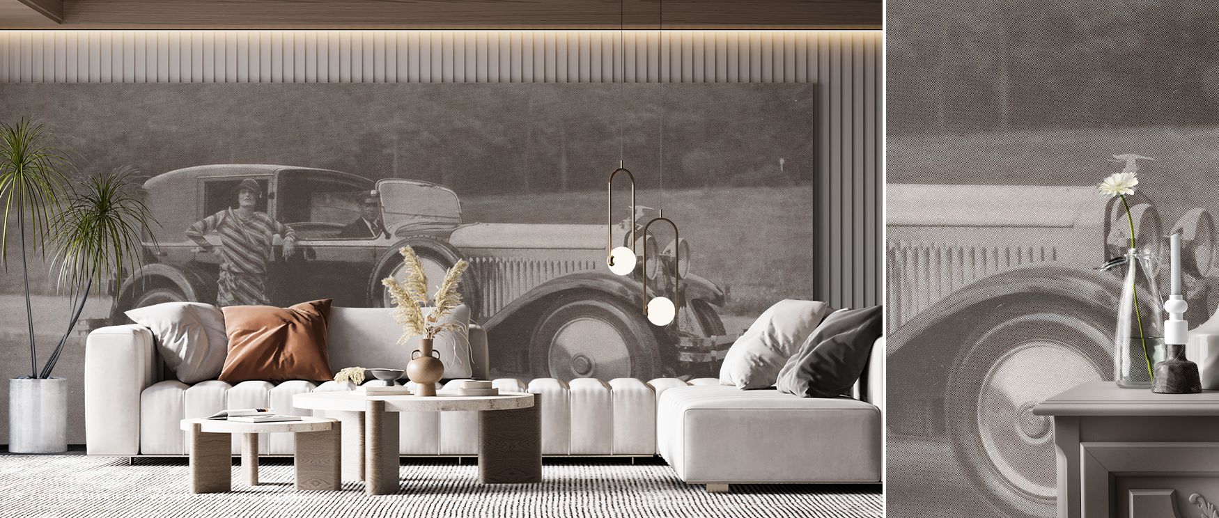 living-room-with-a-large-vintage-car-mural-showcasing-modern-interiors-with-vintage-wallpaper-soft-lighting-and-sleek-furniture Living room with a large vintage car mural, showcasing modern interiors with vintage wallpaper, soft lighting, and sleek furniture.