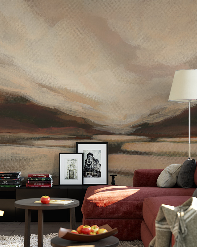 living-room-with-a-red-sofa-coffee-table-framed-artwork-and-choosing-the-right-shade-of-beige-wallpaper-featuring-a-landscape-design Living room with a red sofa, coffee table, framed artwork, and Choosing the Right Shade of Beige wallpaper featuring a landscape design.