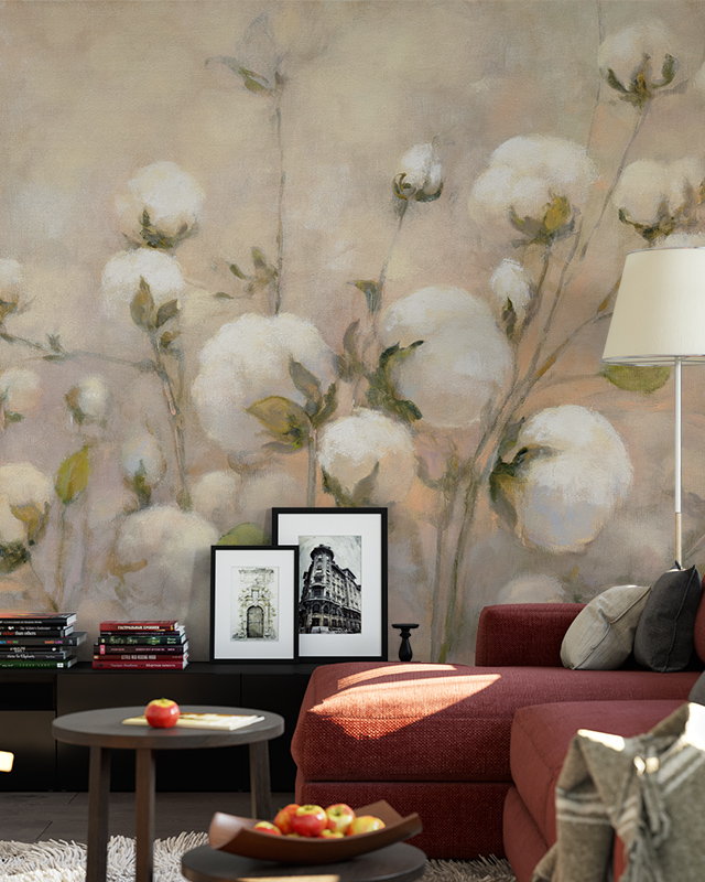 living-room-with-a-red-sofa-coffee-table-framed-artwork-and-choosing-the-right-shade-of-beige-wallpaper-featuring-cotton-plant-designs Living room with a red sofa, coffee table, framed artwork, and Choosing the Right Shade of Beige wallpaper featuring cotton plant designs.