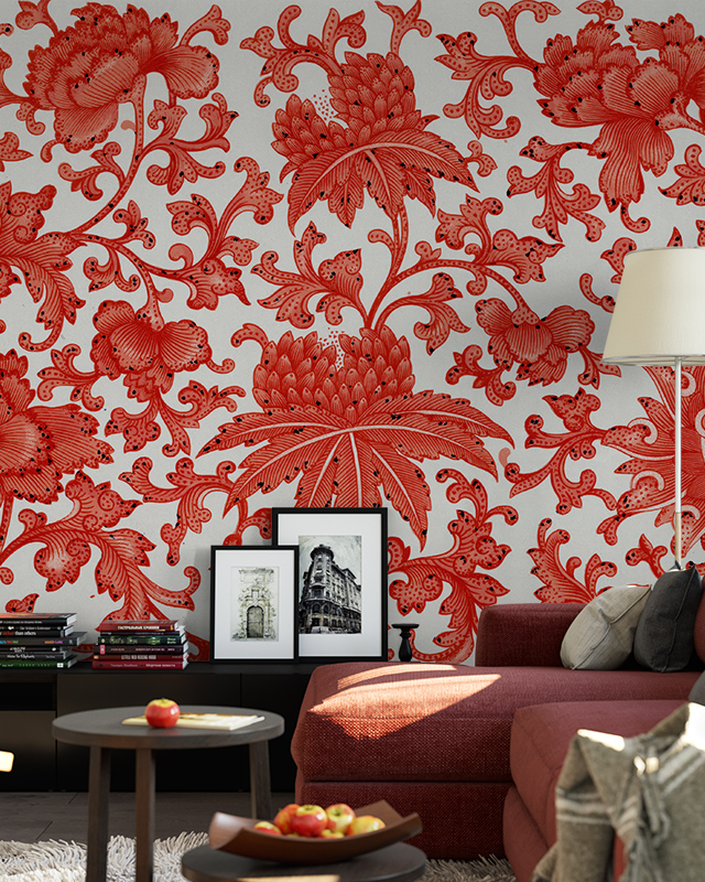 living-room-with-bold-red-floral-william-morris-vs-modern-wallpaper-styles-a-red-sofa-framed-art-and-a-floor-lamp Living room with bold red floral William Morris vs. Modern Wallpaper Styles, a red sofa, framed art, and a floor lamp.