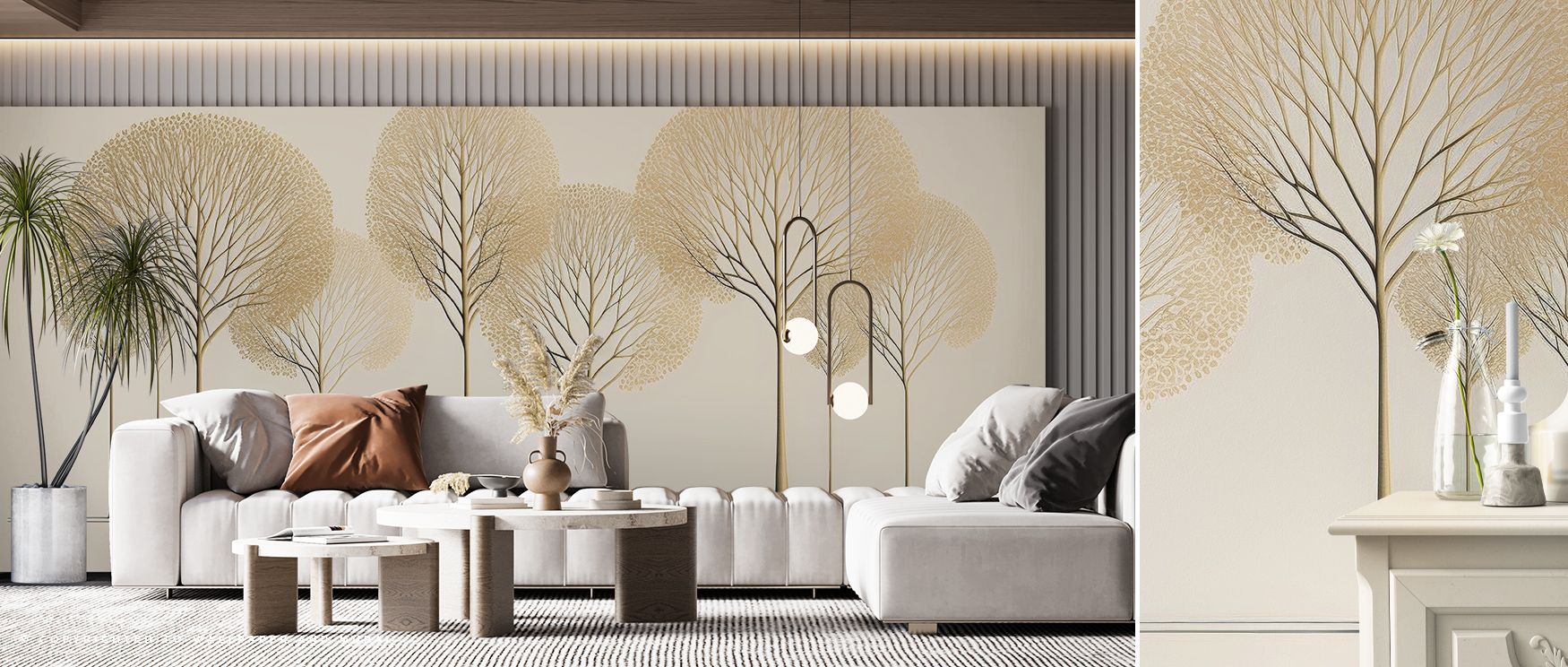 living-room-with-choosing-the-right-shade-of-beige-wallpaper-featuring-tree-designs-grey-sofa-and-modern-decor-elements Living room with Choosing the Right Shade of Beige wallpaper, featuring tree designs, grey sofa, and modern decor elements.
