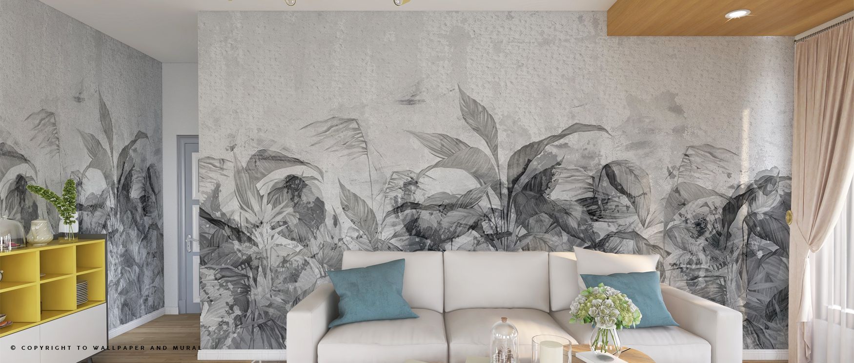 living-room-with-gray-botanical-peel-and-stick-wallpaper-for-rental-space-adding-a-subtle-artistic-touch Living room with gray botanical peel and stick wallpaper for rental space, adding a subtle artistic touch.