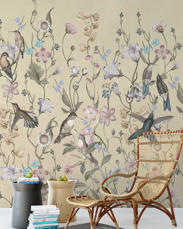 living-room-with-rattan-chair-side-tables-and-books-in-front-of-benefits-of-using-beige-wallpaper-in-small-spaces-featuring-floral-and-bird-patterns Living room with rattan chair, side tables, and books in front of Benefits of using Beige Wallpaper in Small Spaces featuring floral and bird patterns.