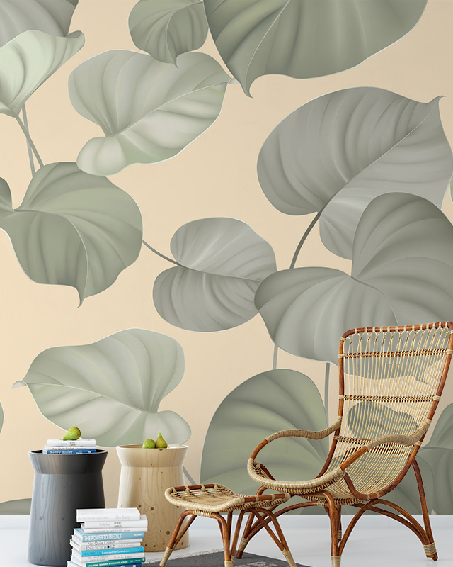 living-room-with-rattan-chair-side-tables-and-books-in-front-of-benefits-of-using-beige-wallpaper-in-small-spaces-featuring-large-leaf-designs Living room with rattan chair, side tables, and books in front of Benefits of using Beige Wallpaper in Small Spaces featuring large leaf designs.