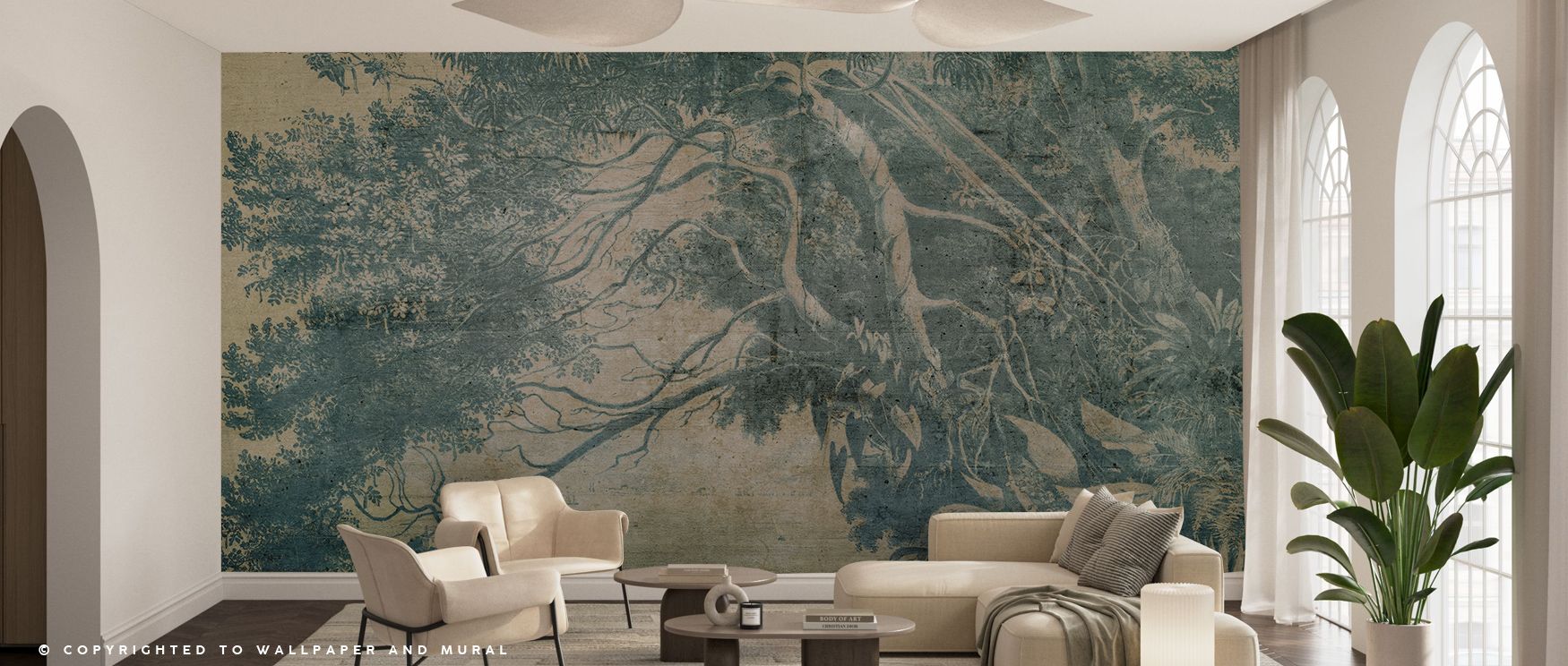 Living room with Retro 60s & 70s Vintage Wallpaper featuring a faded tree mural, neutral furniture, and large houseplant.