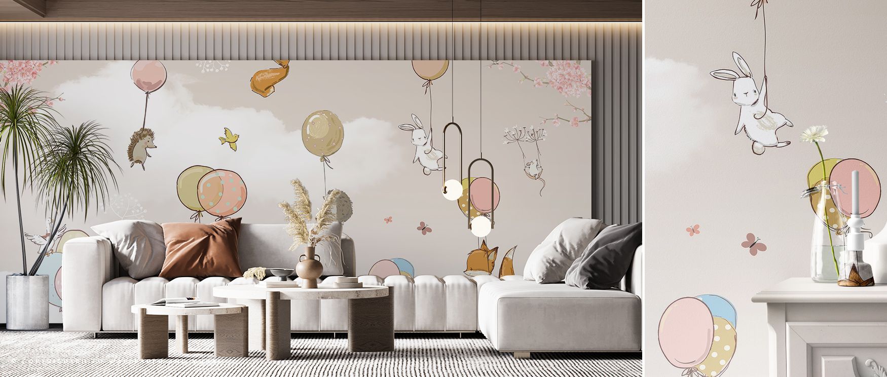 Living room with sofa, coffee table, and plants in front of Beige Wallpaper for nursery featuring animals and balloons.