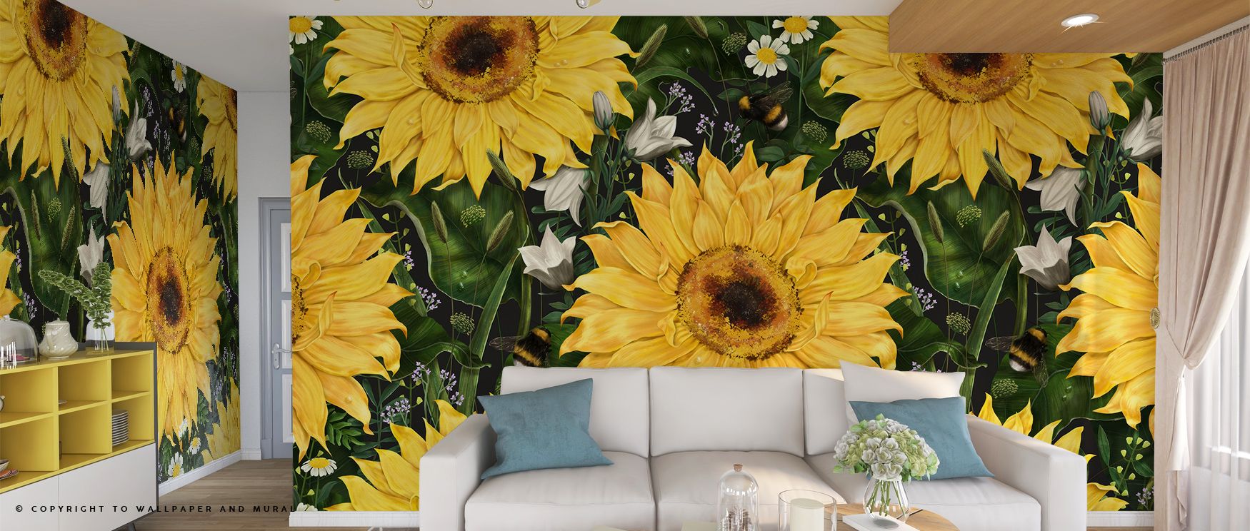 living-room-with-sunflower-themed-peel-and-stick-wallpaper-for-rental-space-creating-a-vibrant-nature-inspired-accent-wall Living room with sunflower-themed peel and stick wallpaper for rental space, creating a vibrant, nature-inspired accent wall.